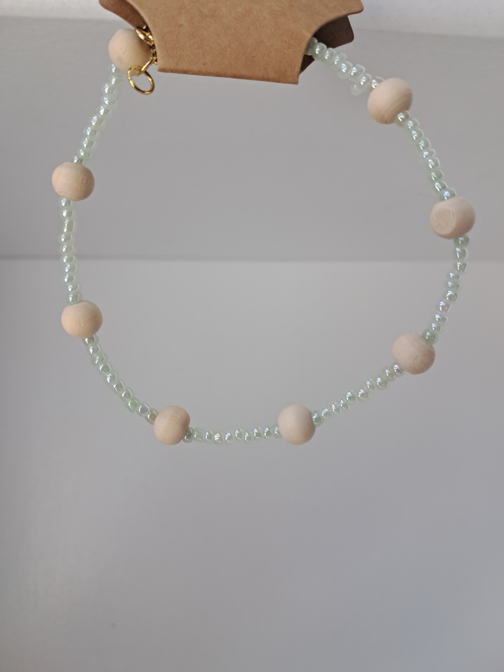 Handmade Pale Green Beaded Ankle Bracelet with Natural Wood Accent